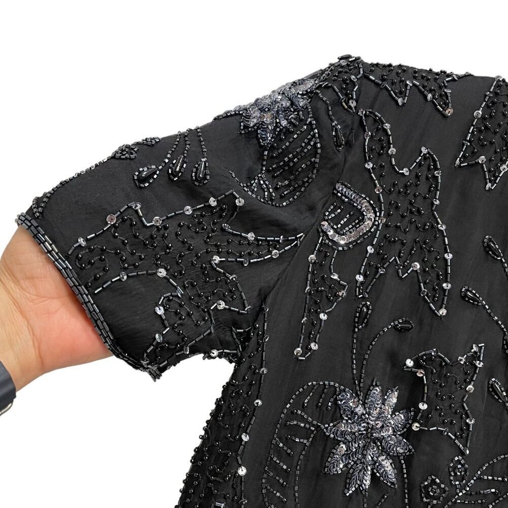 Robert Anthony Black Silver Sequined Beaded Short Sleeve Lined Silk Dress Size 8 - Picture 5 of 14